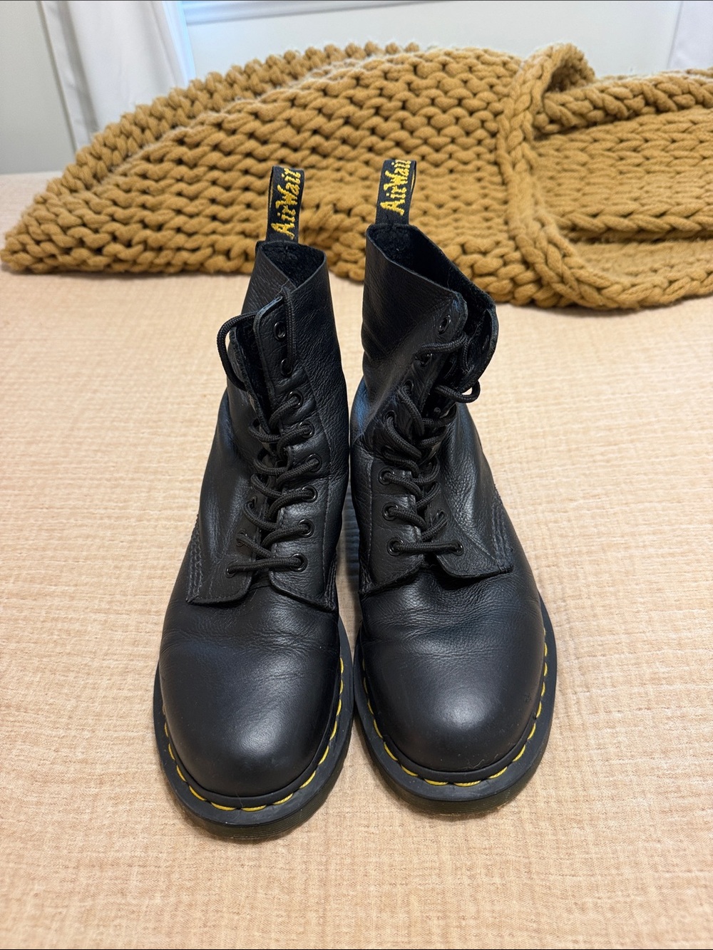 Dr. Martens Black Leather Lace-Up Boots with Yellow Stitching Accents